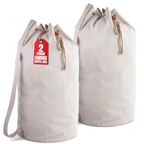 Handy Laundry Canvas Duffel Bag - Drawstring, Leather Closure, Shoulder Strap. (2-PACK)