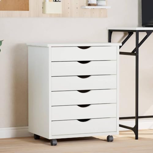 Meuble pin massif blanc gain de place à 6 tiroirs sur roulettes