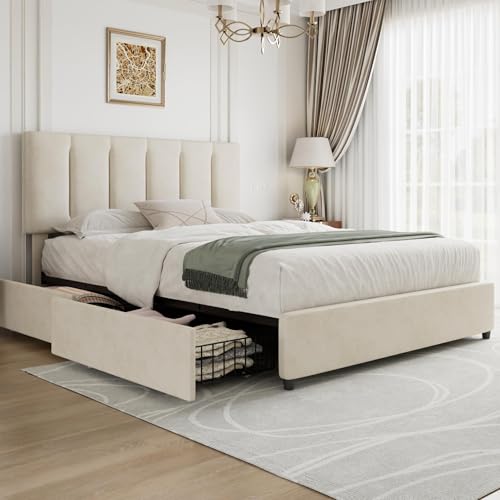 VECELO 4ft6 Double Bed Frame with 4 Storage Drawers, 135×190 cm Upholstered Platform with Adjustable Velvet Headboard, Wood Slat Support, No Box Spring Needed