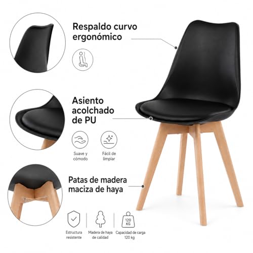 Miniatura 7 de Eggree Pack De 4 Sillas De Comedor Sillas Cocina Nórdico Con Asiento Tapizado Y Las Piernas De Madera De Haya Maciza - Negro