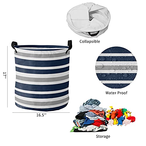 Laundry Basket Striped,Waterproof Collapsible Clothes Hamper Navy Blue Gray And White Stripe,Large Storage Bag For Bedroom Bathroom 16.5X17In #TOP4