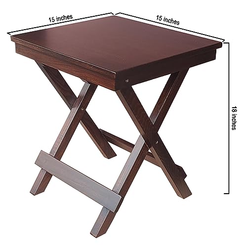 Image of fplus Teak Wood Mini Folding Table 15x15x18 Inches | Compact Foldable Stool-Table for Kids & Balcony
