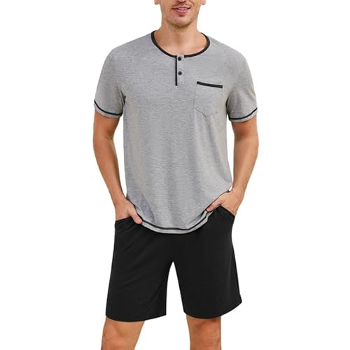Marvmys Mens Pajama Sets Cotton Pajamas Short Sleeve Henley Pjs Summer Sleepwear Soft Sleep Set with Pockets S-3XL
