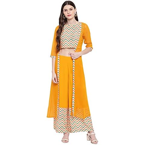Janasya Women's Yellow Crop Top with Palazzo and Jacket Cover