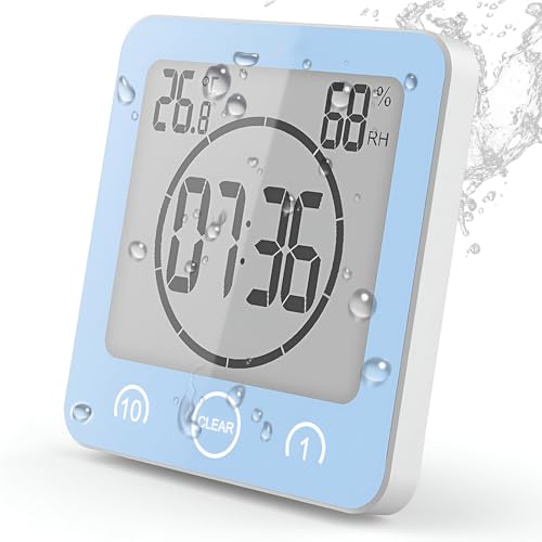 Horloge de Salle de Bain, Horloge de Douche Contrôle Tactile étanche, Alarme Numérique LCD, Thermomètre Hygromètre, Minuterie de Compte à Rebours, Alimenté par Pile, pour Maquillage Cuisine (Bleu)