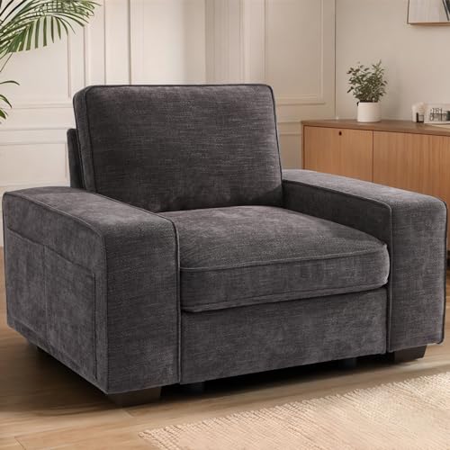 Image of TEKAMON 45 inch Accent Chair with Seat Storage, Oversized Single Sofa Chair, Modern Chenille Fabric Armchair for Living Room /Office with Deep Seat, Wide Armrests, Side Pockets, USB, WashableCovers(DkGrey)