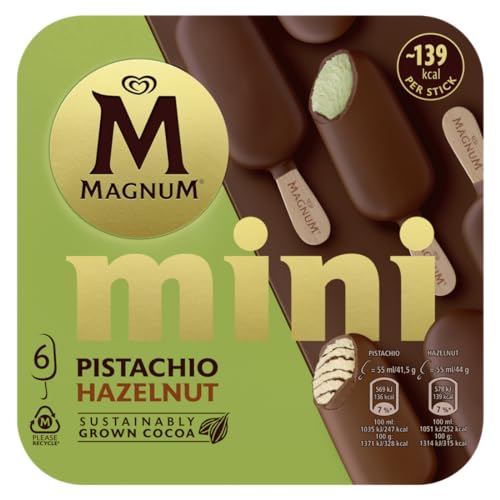 Magnum Gelato Mini, Gelato al Pistacchio Ricoperto di Cioccolato al Latte, e Gelato con Vaniglia Variegato con Salsa alla Nocciola e al Cioccolato Ricoperto di Cioccolato al Latte, 6 pz x 55 ml