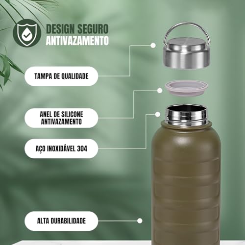 Garrafa de Água Térmica Em Aço Inoxidável 1 Litro Com Sistema Antivazamento e Alça Em Inox (Verde Mi