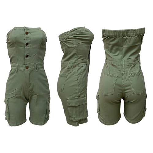LKOUS Women's Sexy Denim Short Jumpsuit,Summer Cargo Casual Sleeveless Slim Fit Off Shoulder Rompers with Pockets