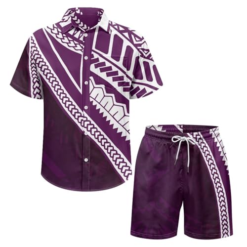 Aloha Tribal Mens Polynesian Hawaiian Matching Set Short Sleeve Button Down Hawaiian Shirt and Beach Shorts Set4