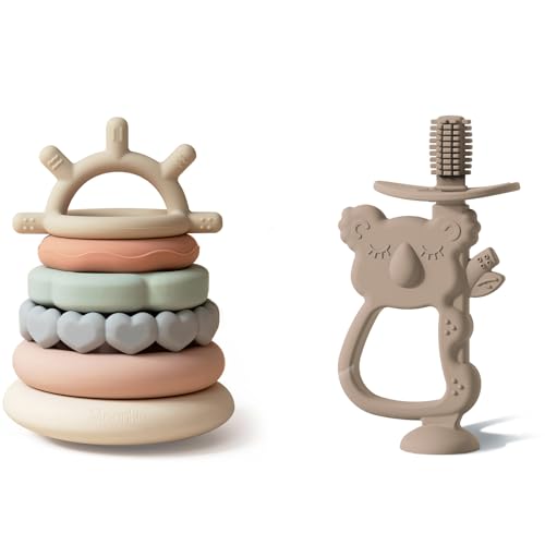 Image of Moonkie Teething Toys | 7-Piece Stacking Ring Set & 360° Baby Toothbrush Teether | BPA-Free Silicone Educational Toys for Babies 6-12 Months
