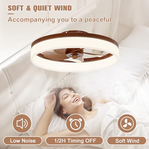 Image of VOLISUN Farmhouse Ceiling Fans with Lights and Remote, 19.7in Low Profile Ceiling Fan Flush Mount, 3000K-6500K Dimmable Bladeless LED Fan Light, Fandelier Ceiling Fans with Lights for Bedroom(Walnut)