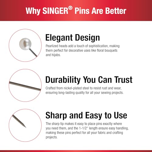 Alfinetes retos com cabeça perolada SINGER 07051, tamanho 24, 120 unidades, branco