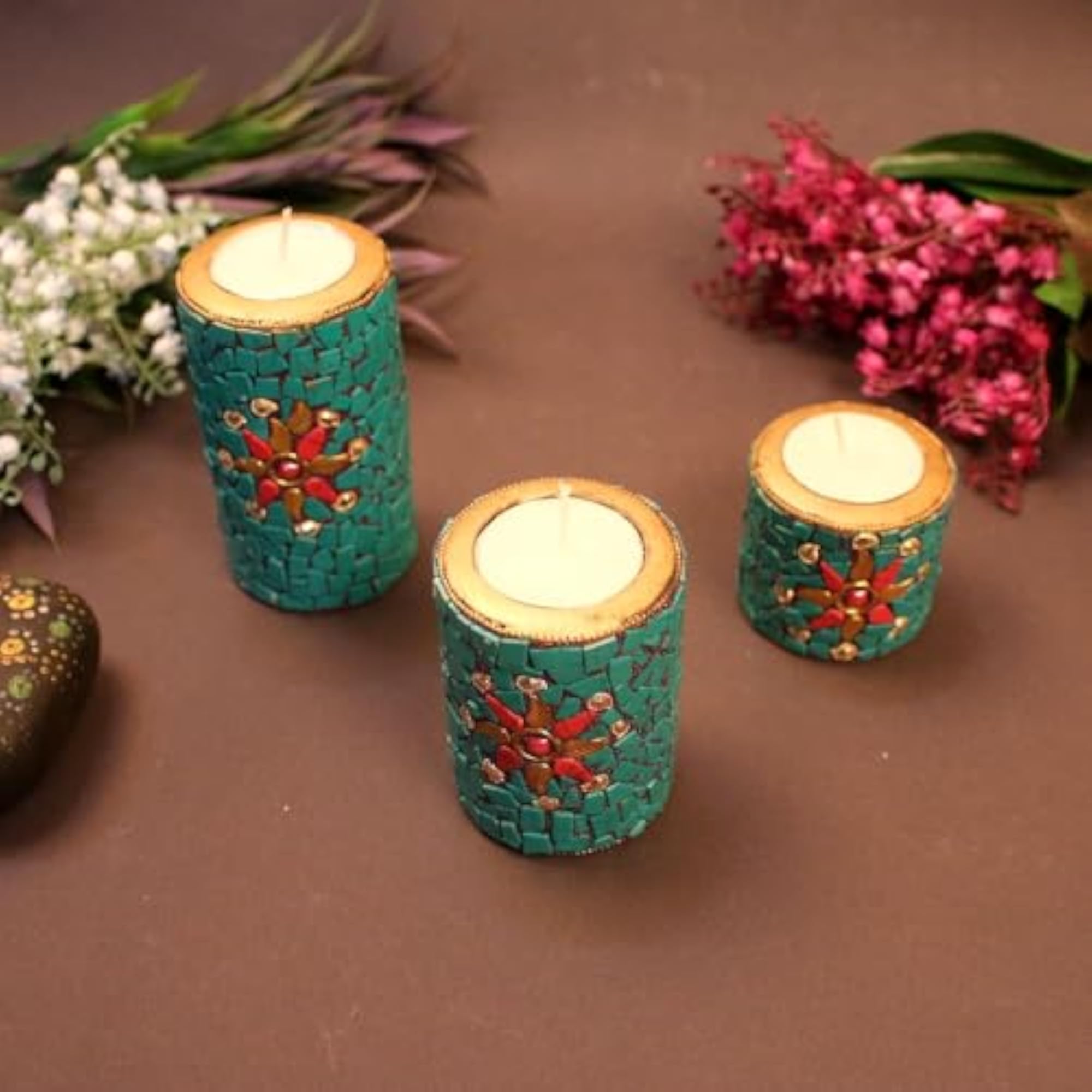 Stone Work Pillar Candle Set for Diwali