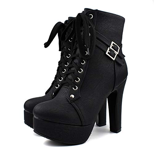 100Fixeo Women's Goth Platform Chunky High Heel Ankle Boots Sexy Closed Toe Lace Up Punk Biker Stripper Booties (Black, Us 6) #TOP6