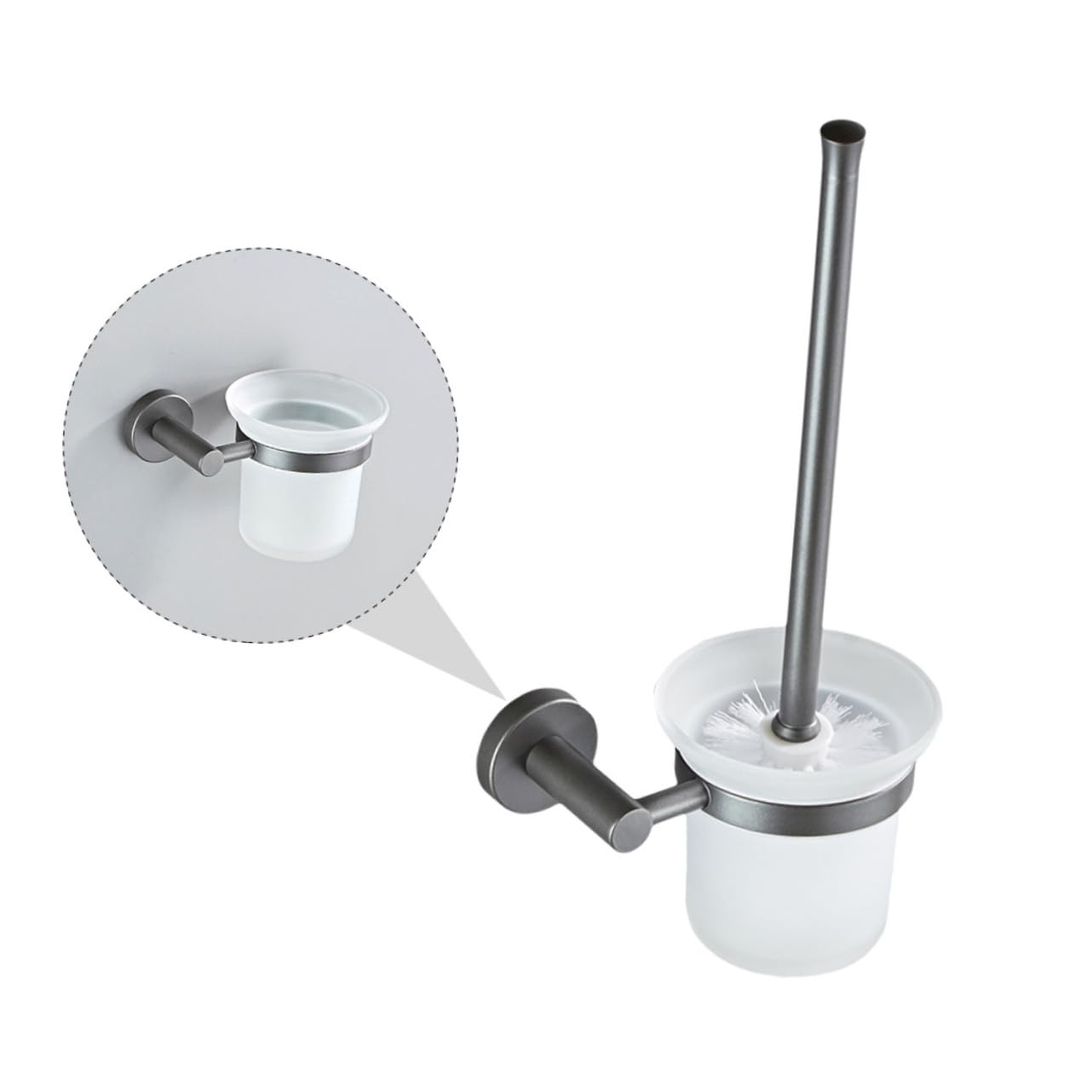 Cepillo de Inodoro de Mango Largo Base Redonda de Vidrio Esmerilado Escobilla de Baño Montada la Pared Juego de Limpieza para Inodoro Cerdas Suaves para Hogar y Baño