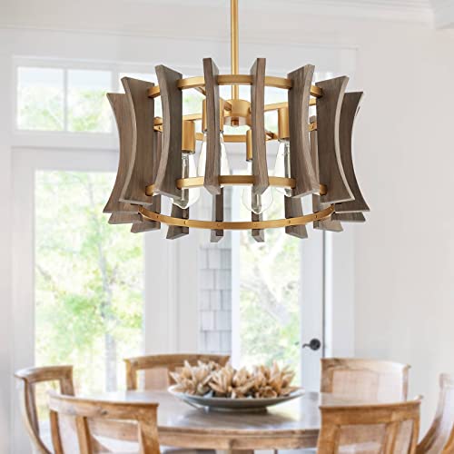 MhyTogn Industrial Wood Chandelier, with Antique Brass Brush Paint Finish Shade Pendant Lighting Fixture for Dining Room Kitchen Island Living Room Bedroom 4-Light
