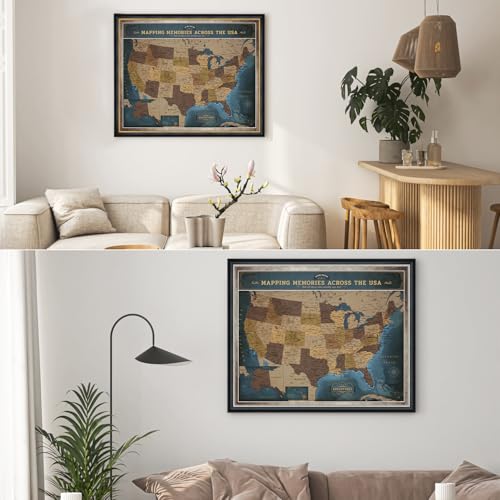 Image of DECORARTS - Personalized Framed USA Push Pin Travel Map in Deep Blue, Large Vintage Explorer Style, Custom Name or Phrase, Blue Map Wall Decor Giclee Canvas for Living Room or Office, Made in USA