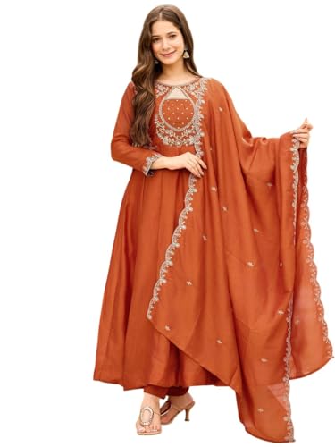 Image of Women's Vichitra Silk Anarkali Kurta Set with Dupatta | Embroidered Kurta Set for Women | Rust Orange Wedding & Festive Ethnic Dress