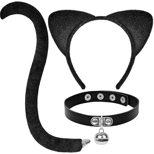 LXONTSG Disfraz Gato Adulto Negro, Conjunto Disfraz Cosplay Cat, Incluye Correa Oreja Gato, Cola y Collar, para Carnaval Cosplay