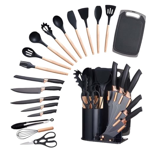 Kitchen Utensils Set and Knives Set,19-in-1 Kitchen Knife Set Include 11 PCS Silicone Cooking Utensils Set 5 PCS Sharp Stainless Steel Chef Knives Scissors and Cutting Board