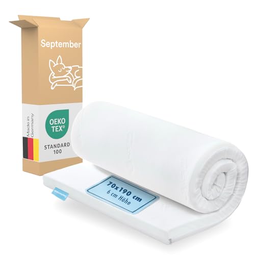 September Topper 70x190 cm Komfortschaum mit 6 cm Höhe Matratzenauflage mittelfester Härtegrad H3 für Matratzen Boxspringbetten etc. Oeko-TEX Standard 100 zert. Bezug bei 60C waschbar