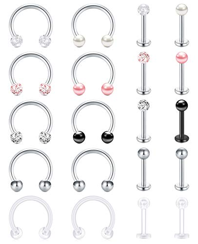 Funseedrr 10-16 Paires Piercing Cartilage Helix Studs Acier Chirurgical Boucles d'oreilles 8mm 16G Fer à Cheval Anneaux Lèvre Labret Barres Set Bijoux de Piercing Cover