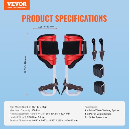 Image of VEVOR Tree Climbing Spikes, 1 Pair Height-Adjustable Climbing Spurs, 350lbs Load Capacity Tree Climbing Gear with Straps, Arborist Equipment for Climbers, Hunting, Fruit Picking