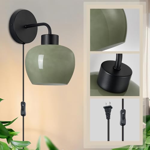 Image of Modern Wall Sconces, Olive Green Milk Glass, Matte Black Finish | Plug-in Wall Lamp, Industrial Boho Lighting, For Bedroom, For Living Room