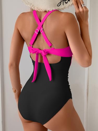 Image of B2prity Women's One Piece Swimsuit Tummy Control High Waisted Bathing Suit | Color Block,Removable Soft Cups,Cutout,V neck,Full Coverage,Adjustable Criss Cross Straps,Tie Back