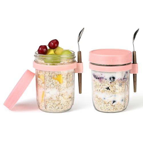 Image of 16 oz Glass Mason Overnight Oats Jars, Large Capacity Airtight Jars for Milk, Cereal, Fruit (Pink-2Pcs) 2 Pack Overnight Oats Containers with Lids and Spoon
