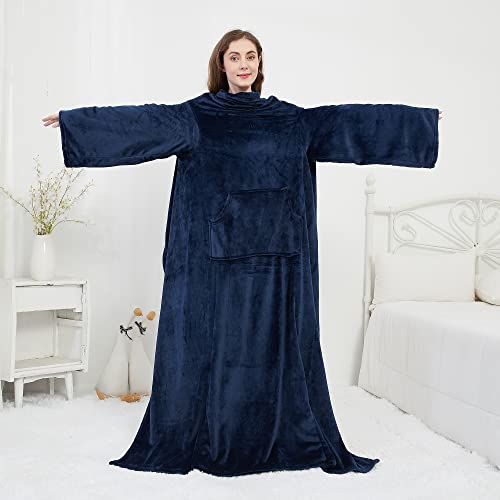 Fleece Wearable Blanket With Sleeves And Foot Pocket For Adult Women Men, Plush Throw With Adjustable Hook & Loop For Lounge Couch Reading Watching Tv 79" X 67" Navy #TOP1