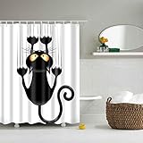 Duschvorhänge,Duschvorhang aus Polyester, Textil Bad Vorhang, Schwarz Katze Bedruckt,Anti-Schimmel, Wasserdichter,Badezimmer Vorhang mit 12 Duschvorhängeringen und Haken