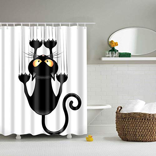 Duschvorhänge,Duschvorhang aus Polyester, Textil Bad Vorhang, Schwarz Katze Bedruckt,Anti-Schimmel, Wasserdichter,Badezimmer Vorhang mit 12 Duschvorhängeringen und Haken Cover