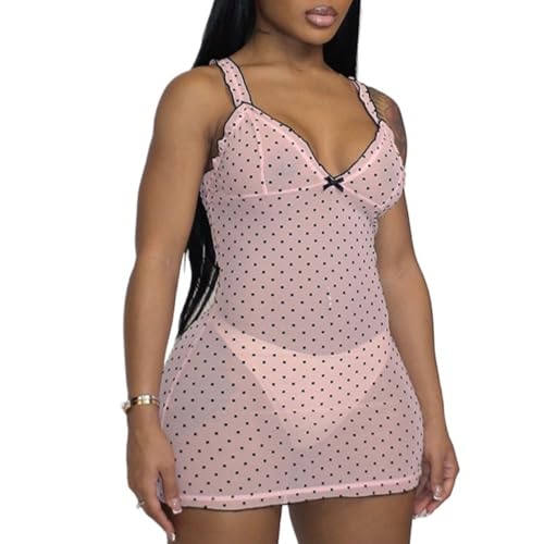 Best Rose Polka Dot Dress Sheer Bow Spaghetti Strap Ruched Bodycon Wrap Cute Party Summer Lace Trim Boho Dress, Pink, Small