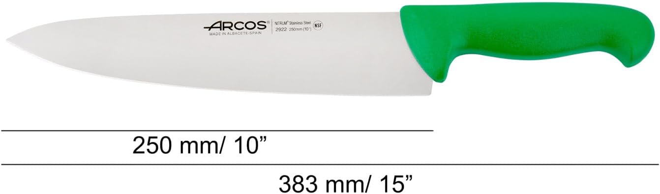 Arcos Chef Knife 10 Inch Nitrum Stainless Steel and 250 mm Blade. Professional Multipurpose Cooking Knife. Ergonomic Polypropylene Handle.Professional Chef Knife. Series 2900. Color Green.