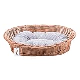 Wiklinowy Świat - Weidenbett für Haustiere, Weidenkorb Hundebett Katzenbett - Natürlich warm, atmungsaktiv und stilvoll - Verschiedene Größen 66x47x15cm - grau gepunktetes Kissen