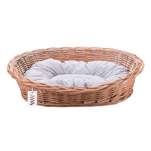 Wiklinowy Świat - Weidenbett für Haustiere, Weidenkorb Hundebett Katzenbett - Natürlich warm, atmungsaktiv und stilvoll - Verschiedene Größen 66x47x15cm - grau gepunktetes Kissen