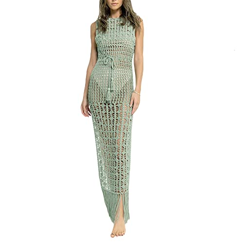 NUFIWI Crochet Knit Hollow Out Maxi Dress Elegant See Through Beach Dress High Waist Sleeveless Swimwear Cover Up Dress