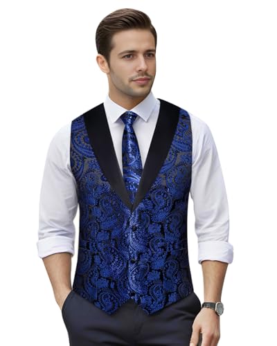 Image of DiBanGu Mens Paisley Suit Vest Silk Jacquard Waistcoat and Necktie Set Formal Shawl Collar Dress Vest 7PCS for Wedding Party