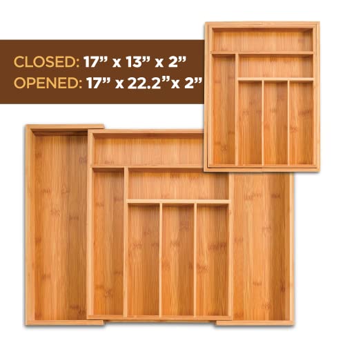 Bambüsi Bamboo Expandable Drawer Organizer for Utensils - Adjustable Cutlery Tray with Dividers for Silverware, Flatware, and Knives in Kitchen, Bedroom, or Living Room Storage Organization