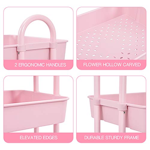 Toolf Utility Rolling Cart With Lockable Wheels, Multi- Purpose Storage Organizer, Organizer Trolley With Handles, Serving Trolley With Mesh Baskets For Home, Office, Kitchen, Bathroom (Pink) #TOP3