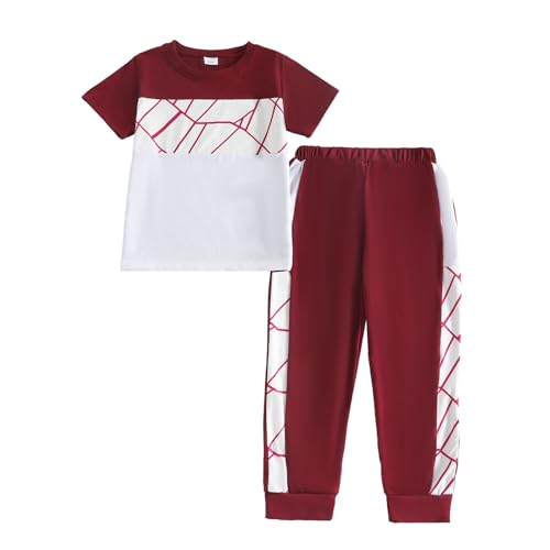 Kid Boy Clothes Geometric Printed Color Blocking Top Summer Long Pants 2PC Summer Outfit Set