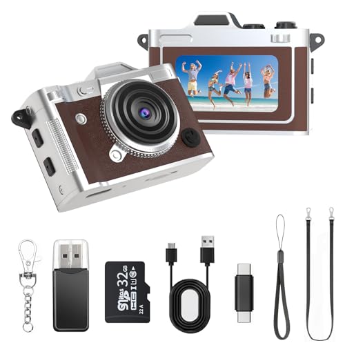 LENANE Mini Keychain Camera - 2K FHD Tiny Retro Digital Camera with 32GB Card, 1.47" Screen & OTG Adapter, Vintage Compact Micro Pocket Camera for Kids,Travel,Party (Brown)