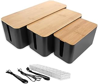 SENENQU 3pcs Black Cable Tidy Box, Large Desk Cable Management Box, Cord Wire Organiser Box with Wooden Lid for Home Office - Large | Medium | Small