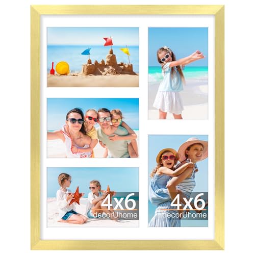 decorUhome 11x14 Picture Frames Collage Wall Decor, Display 5Pcs 4x6 Photos with Mat or 1Pcs 11x14 Unmatted, 5 4x6 Collage Picture Frames for Wall Mounting, Gold