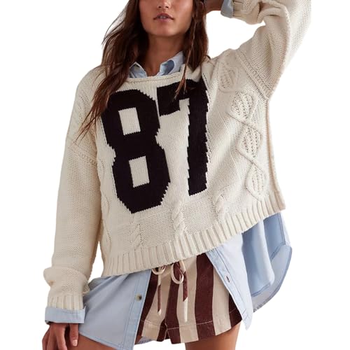 Women's '87' Graphic Knit Sweater - Oversized and Textured Design for Streetwear