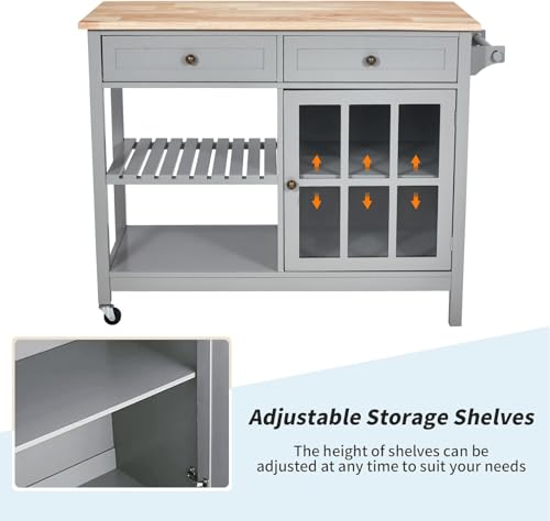 Rolling-Kitchen-Island-Cart-42-Width-Kitchen-Carts-with-Storage-Wood-Tabletop-2-Lockable-Wheels-Towel-Rack-Trolley-Cart-Utility-Glass-Cabinet-Open-Display-Shelf-Grey Rolling Kitchen Island Cart 42 Width Kitchen Carts with Storage Wood Tabletop 2 Lockable Wheels Towel Rack Trolley Cart Utility Glass Cabinet Open Display Shelf Grey