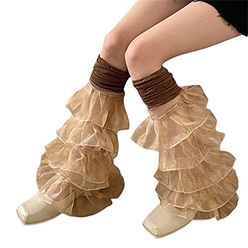 Image of Women Leg Warmers Ruffled Lace Patchwork Long Thigh High Socks Boot Cuffs Cover for Streetwear