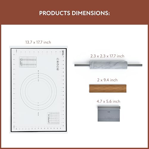 Fistukit White Marble Rolling Pin with Stainless Steel Handles Baking Set - Silicone Baking Mat, Bench Scraper, Wooden Base